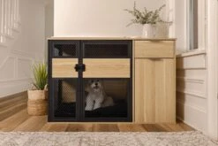 Lucky Kennels Clover Console Crate Stylish Pet Furniture With Sleek Black Metal Gate, Enhances Airflow And Visibility, Elegant Upgrade For Living Spaces -Andisies Zone CloverConsole Front