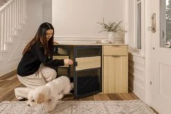 Lucky Kennels Clover Console Crate Stylish Pet Furniture With Sleek Black Metal Gate, Enhances Airflow And Visibility, Elegant Upgrade For Living Spaces -Andisies Zone CloverConsole OpenDoor